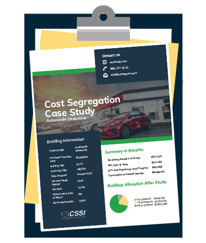 cost segregation case study for an automotive dealership on a clipboard
