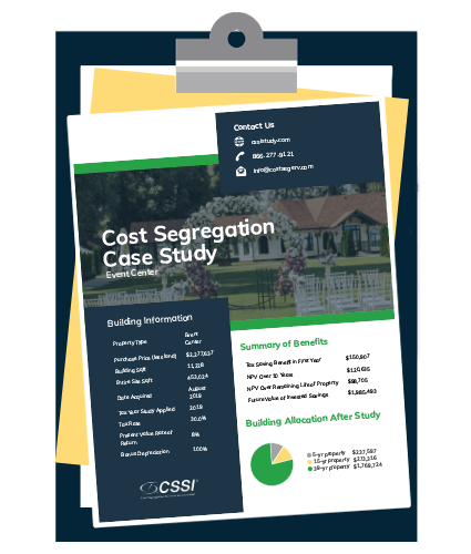 Event center cost segregation case study on a clipboard