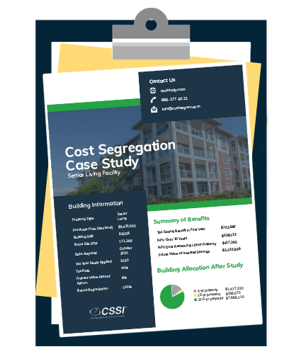 Senior living facility cost segregation case study on a clipboard